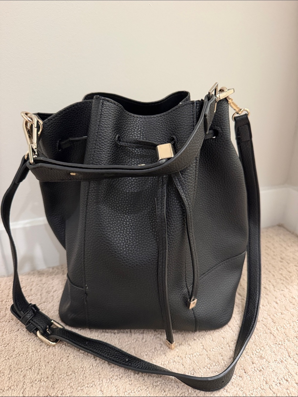 Zara Black Pebbled Leather Drawstring Crossbody Bag